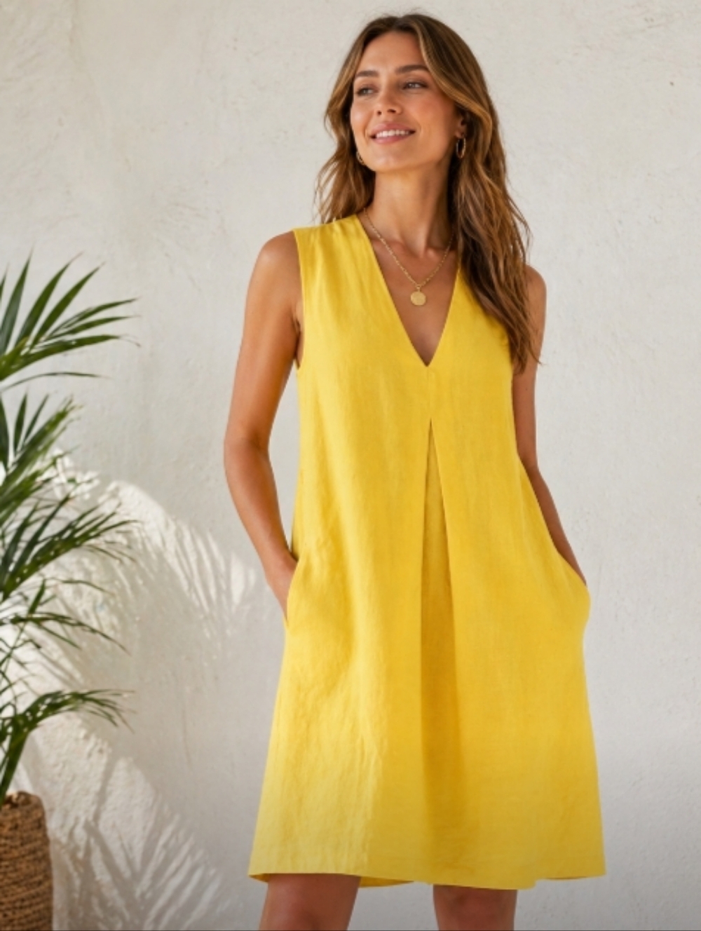 TOMMY BAHAMA Linen Blend A-Line Pullover Lemon Yellow Dress | S